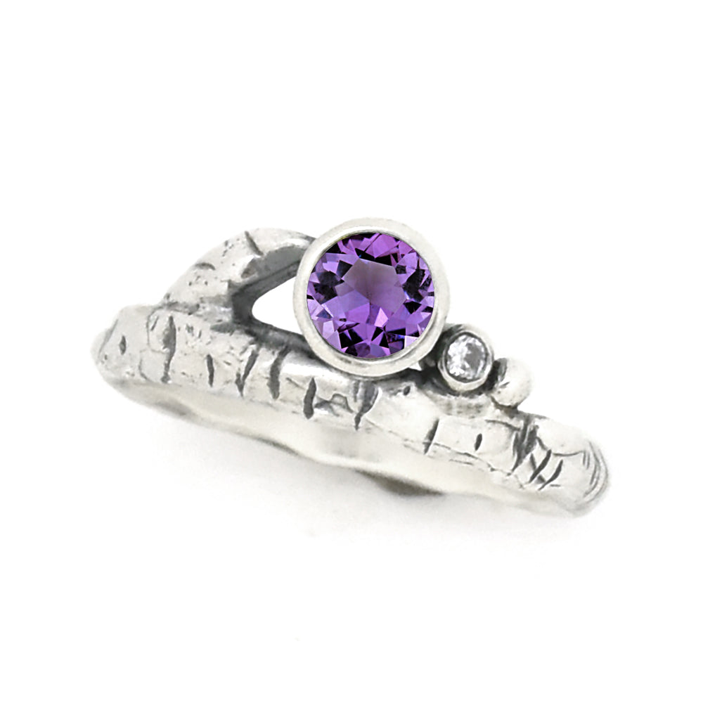 Silver Birch Twig Birthstone Ring - your choice of 5mm stone - Ring February - Montana Amethyst October - California Pink Tourmaline 6737 - handmade by Beth Millner Jewelry