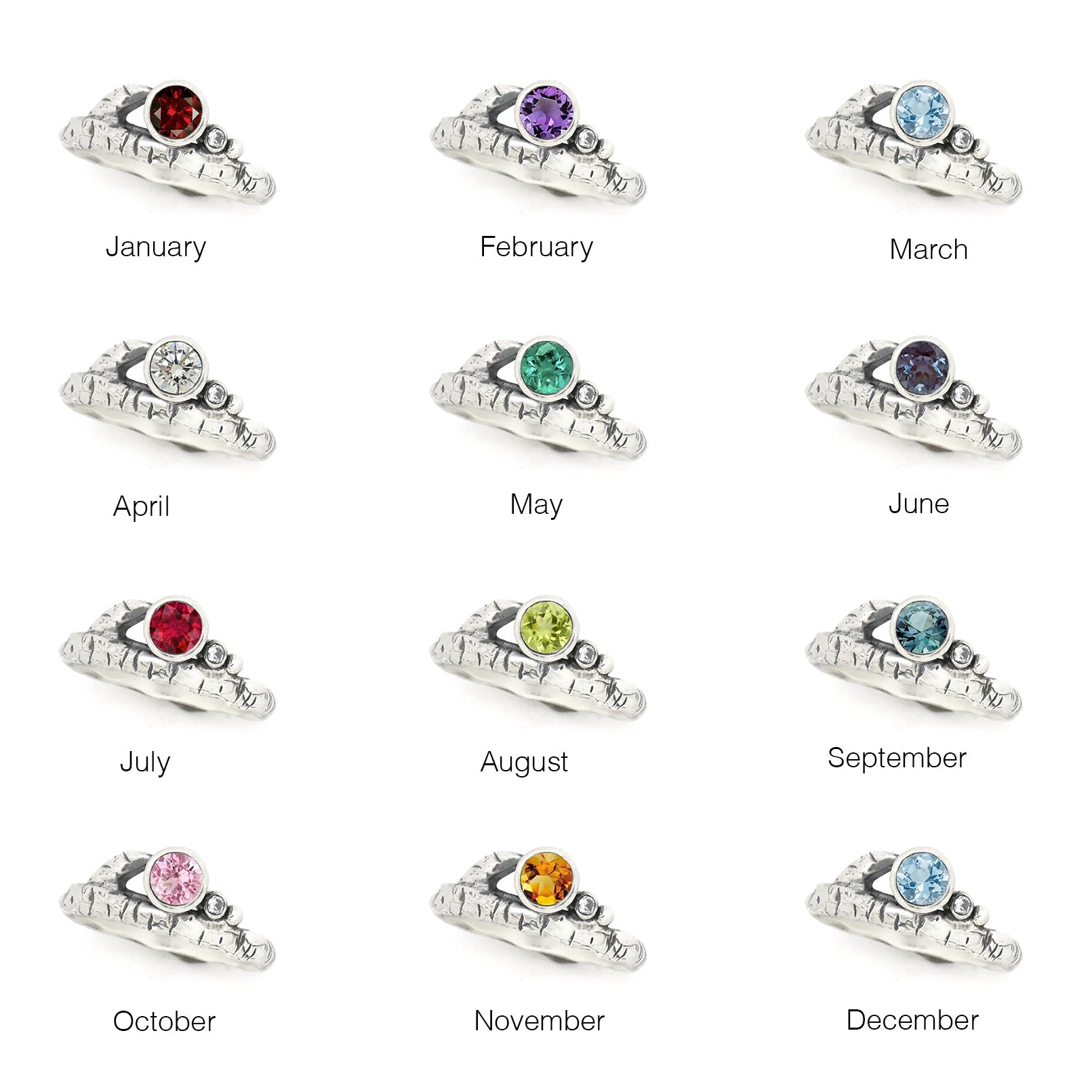 Silver Birch Twig Birthstone Ring - your choice of 5mm stone - Ring May - Lab Created Emerald January - Idaho Garnet 6740 - handmade by Beth Millner Jewelry