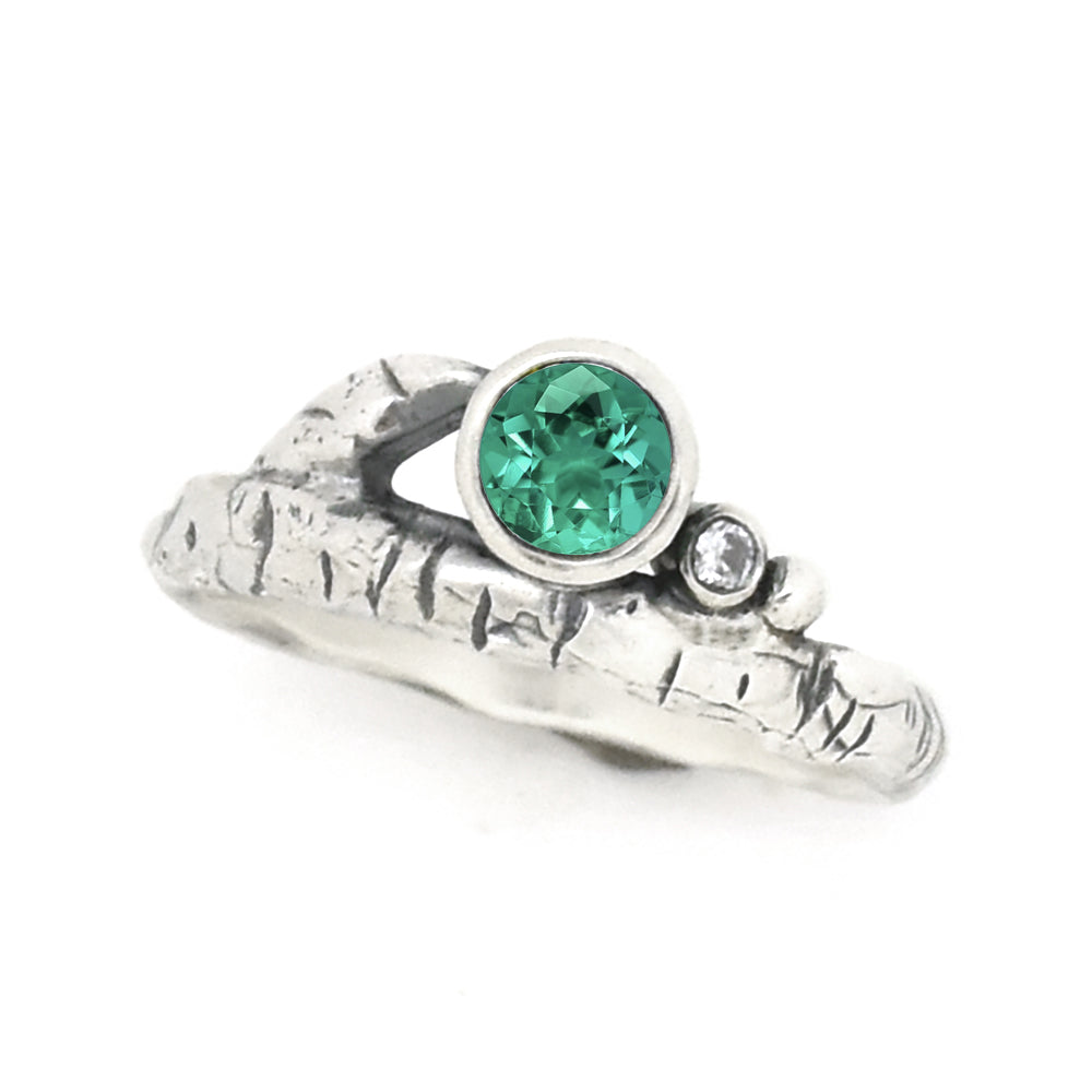 Silver Birch Twig Birthstone Ring - your choice of 5mm stone - Ring May - Lab Created Emerald December - Sky Blue Topaz 6740 - handmade by Beth Millner Jewelry