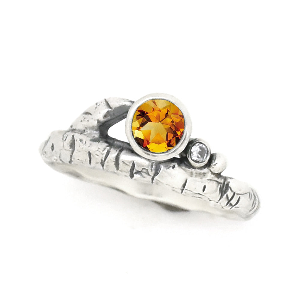 Silver Birch Twig Birthstone Ring - your choice of 5mm stone - Ring November - Madeira Citrine January - Idaho Garnet 6746 - handmade by Beth Millner Jewelry
