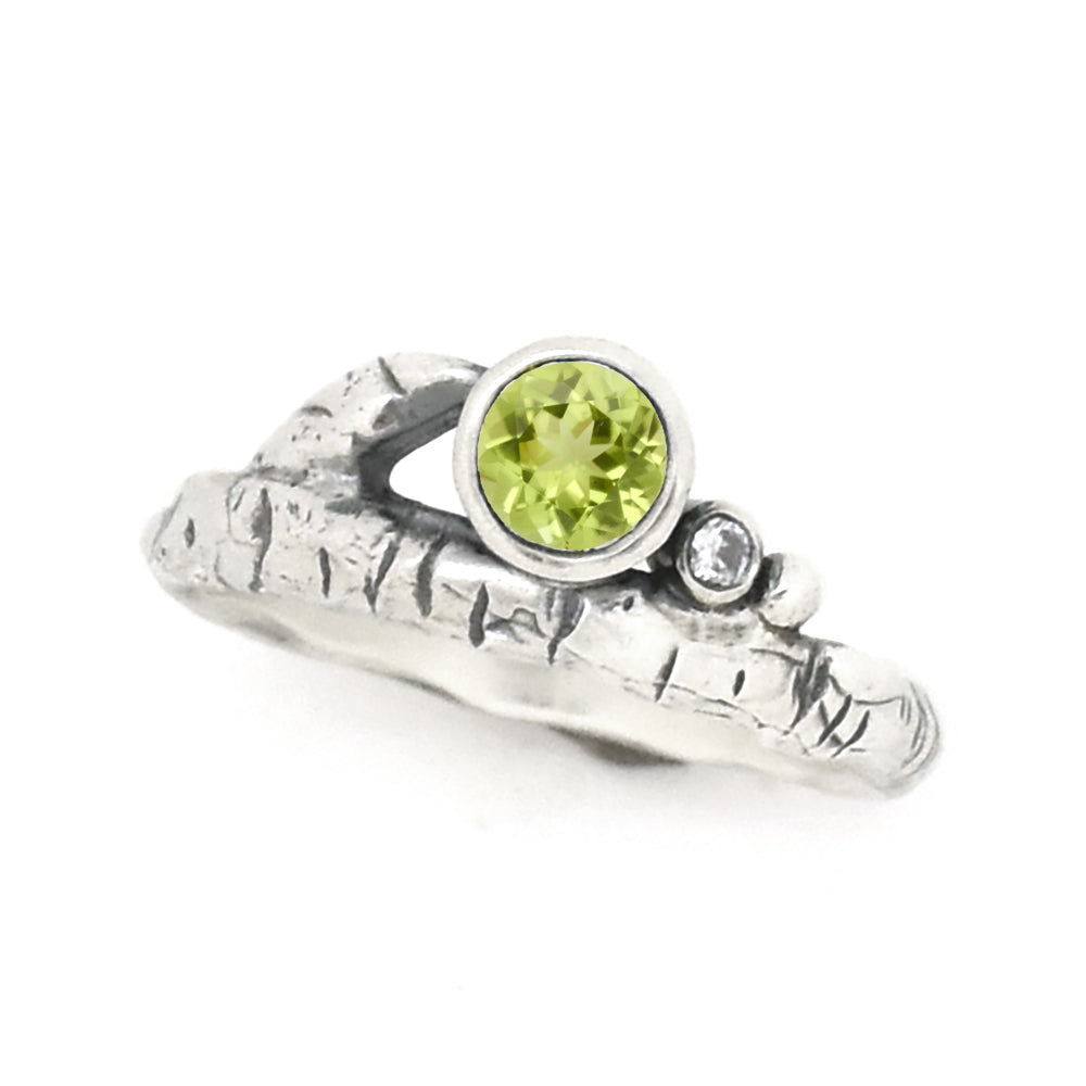 Silver Birch Twig Birthstone Ring - your choice of 5mm stone - Ring August - Arizona Peridot January - Idaho Garnet 6743 - handmade by Beth Millner Jewelry