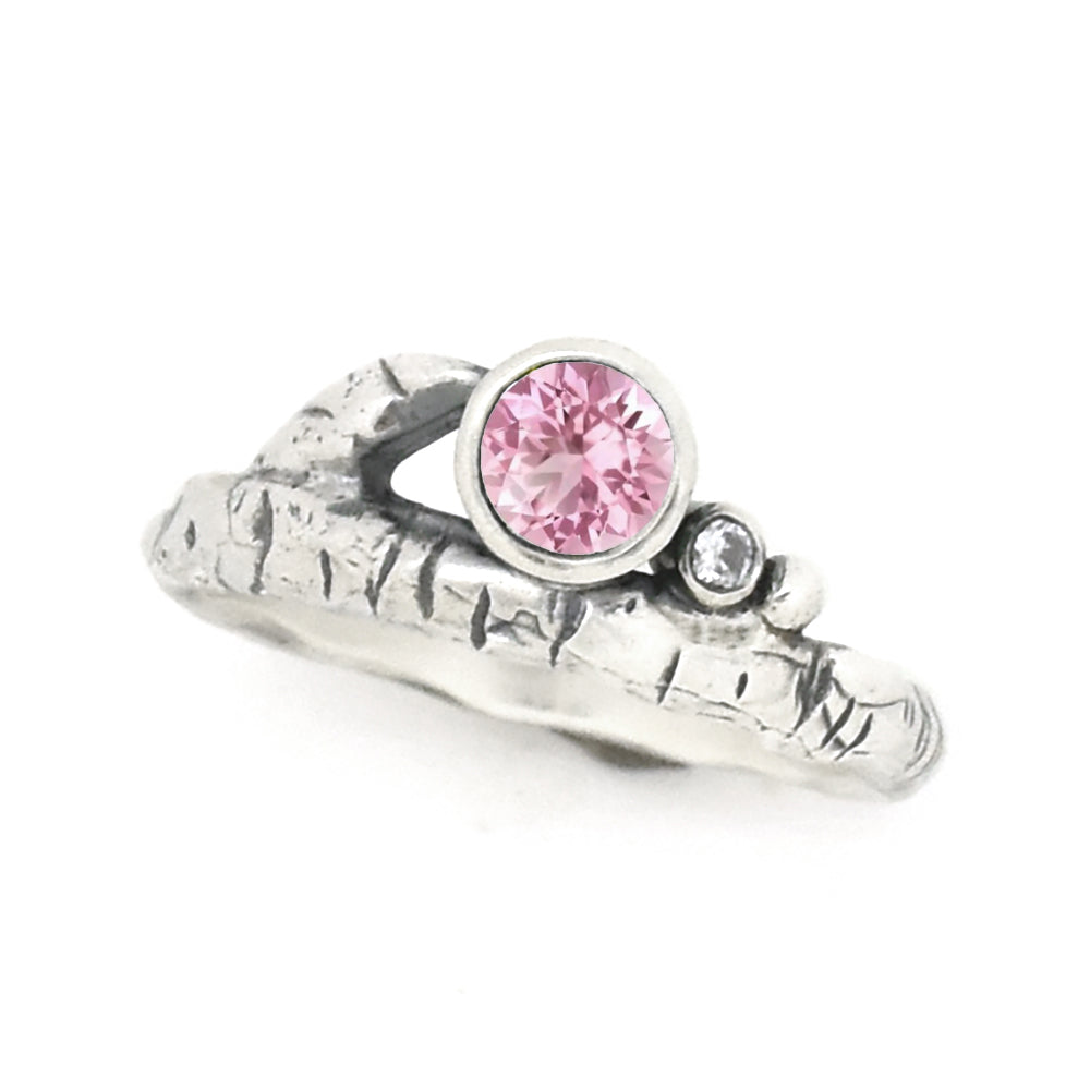 Silver Birch Twig Birthstone Ring - your choice of 5mm stone - Ring October - California Pink Tourmaline January - Idaho Garnet 6745 - handmade by Beth Millner Jewelry