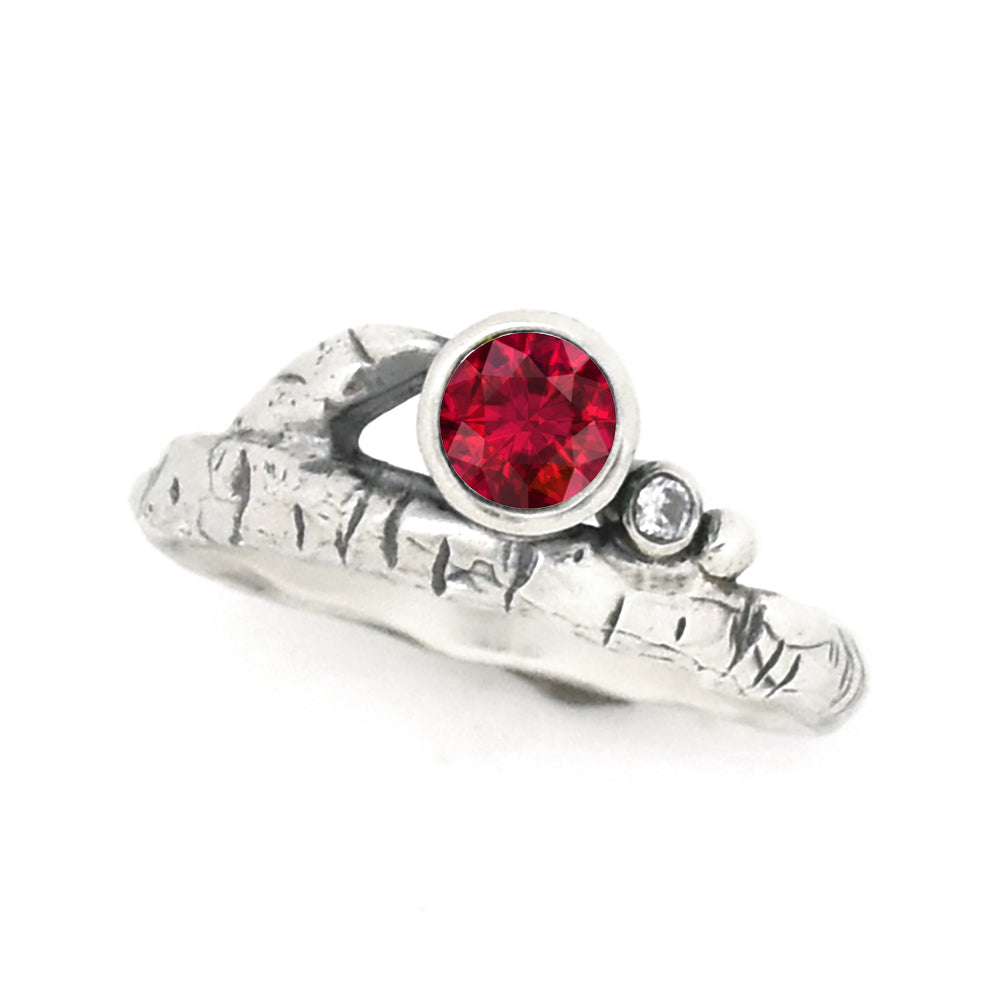 Silver Birch Twig Birthstone Ring - your choice of 5mm stone - Ring July - Lab Created Ruby November - Madeira Citrine 6742 - handmade by Beth Millner Jewelry