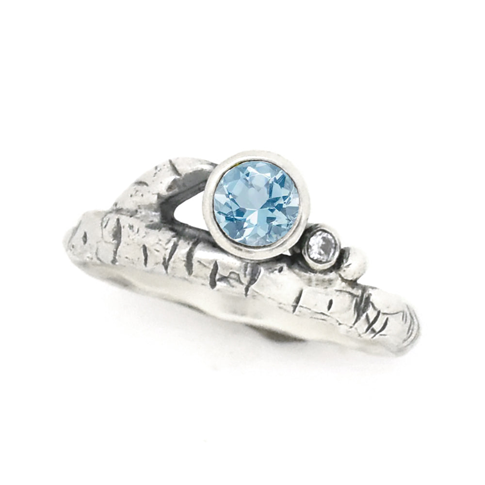 Silver Birch Twig Birthstone Ring - your choice of 5mm stone - Ring December - Sky Blue Topaz January - Idaho Garnet 6747 - handmade by Beth Millner Jewelry
