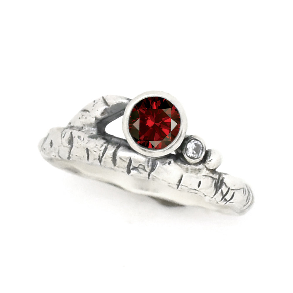 Silver Birch Twig Birthstone Ring - your choice of 5mm stone - Ring January - Idaho Garnet April - Lab Created Diamond 6736 - handmade by Beth Millner Jewelry