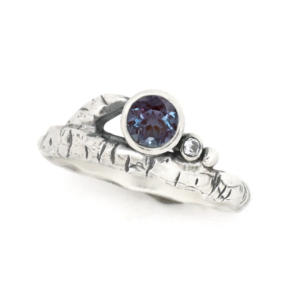 Silver Birch Twig Birthstone Ring - your choice of 5mm stone - Ring June - Lab Created Alexandrite July - Lab Created Ruby 6741 - handmade by Beth Millner Jewelry