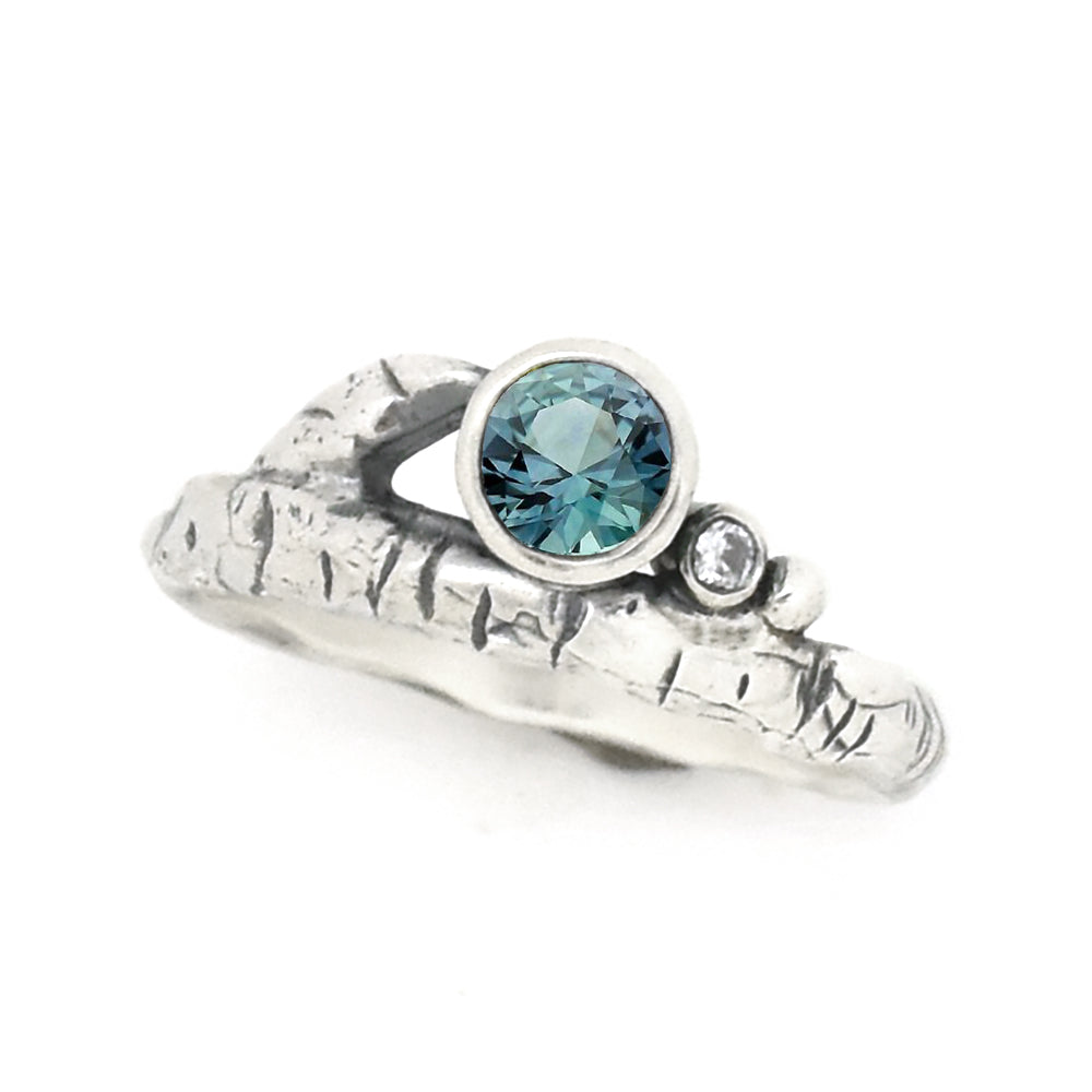 Silver Birch Twig Birthstone Ring - your choice of 5mm stone - Ring September - Montana Sapphire December - Sky Blue Topaz 6744 - handmade by Beth Millner Jewelry