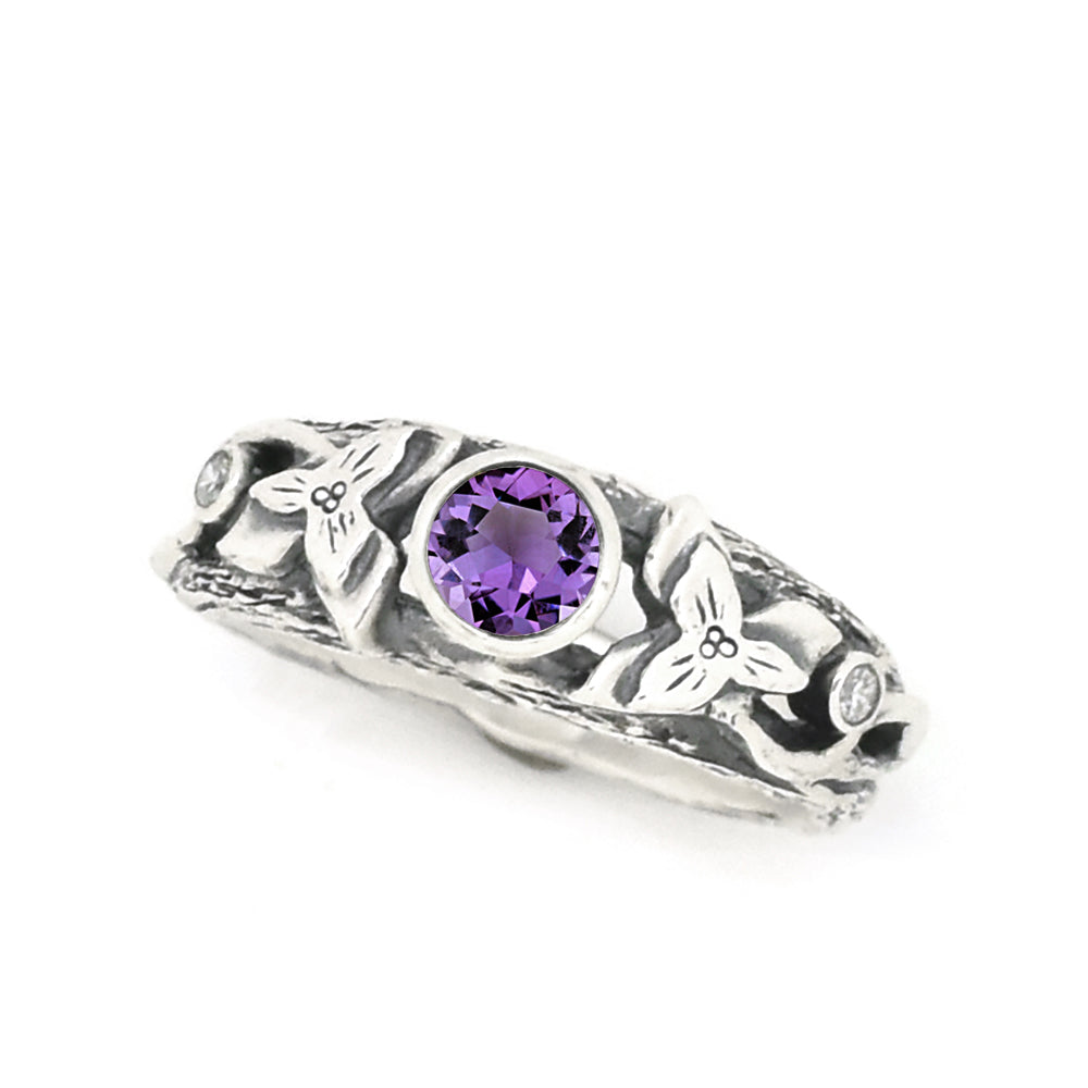 Silver Blooming Trillium Birthstone Ring - your choice of 5mm stone - Ring January - Idaho Garnet February - Montana Amethyst 6724 - handmade by Beth Millner Jewelry