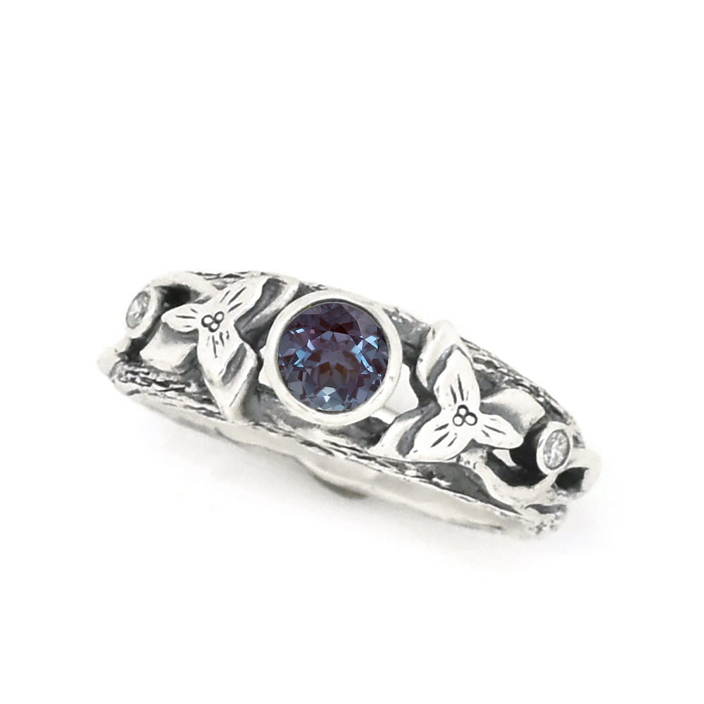 Silver Blooming Trillium Birthstone Ring - your choice of 5mm stone - Ring  January - Idaho Garnet  February - Montana Amethyst 6724 - handmade by Beth Millner Jewelry