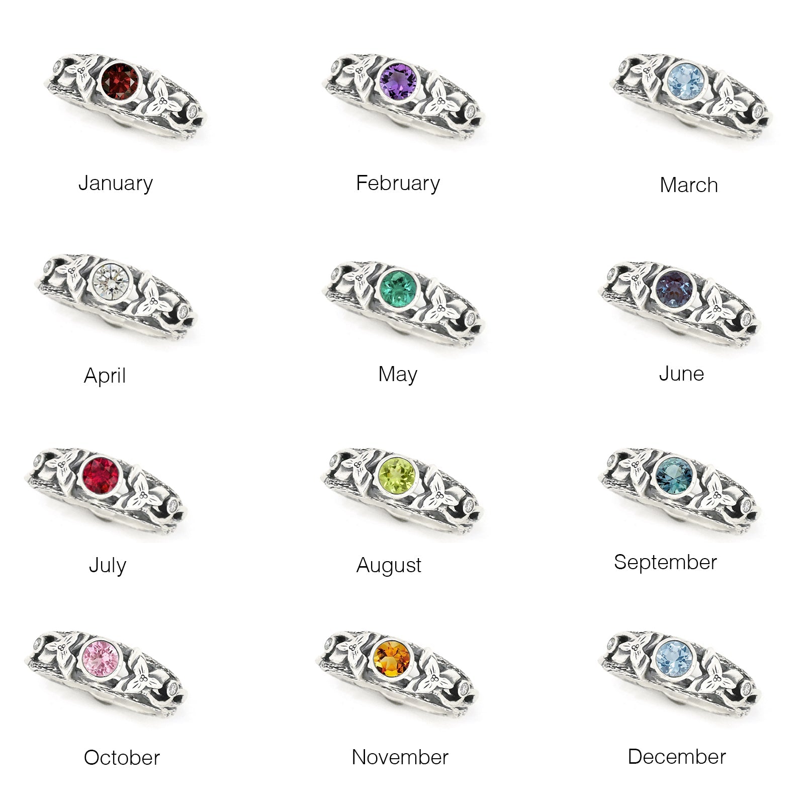 Silver Blooming Trillium Birthstone Ring - your choice of 5mm stone - Ring January - Idaho Garnet February - Montana Amethyst 6724 - handmade by Beth Millner Jewelry