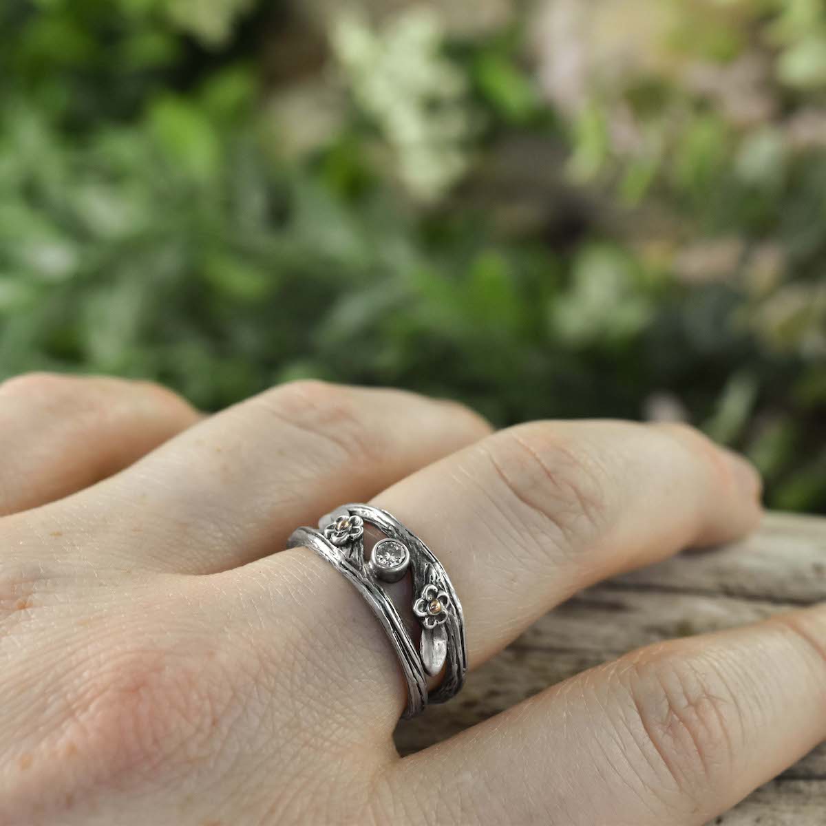 Blossoming Romance Twig Ring - your choice of stone - Wedding Ring  Recycled Diamond  Blue Sapphire 2680 - handmade by Beth Millner Jewelry