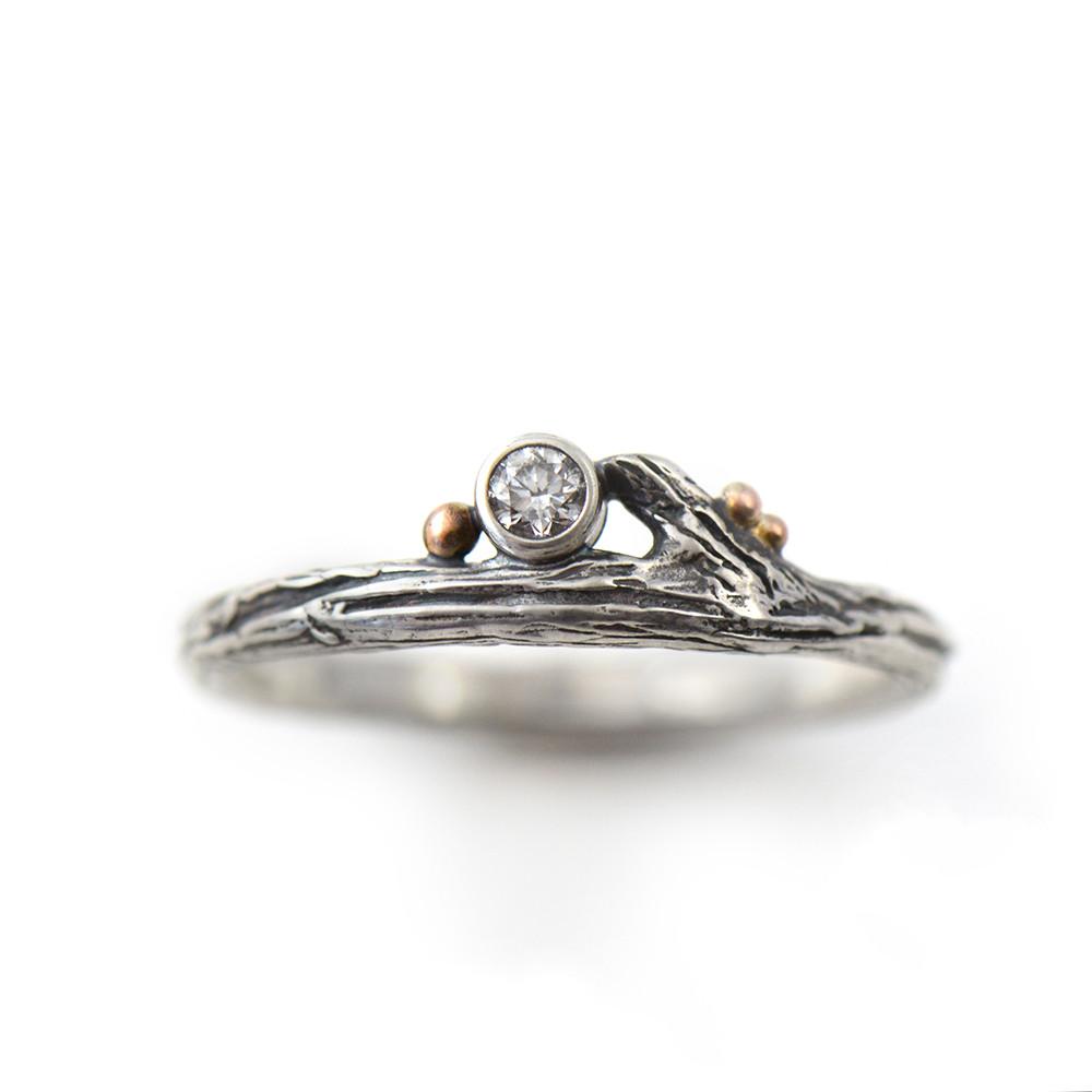 Silver Diamond and Roses Twig Ring - Wedding Ring Select Size / Recycled Diamond 4 / Recycled Diamond 2501 - handmade by Beth Millner Jewelry