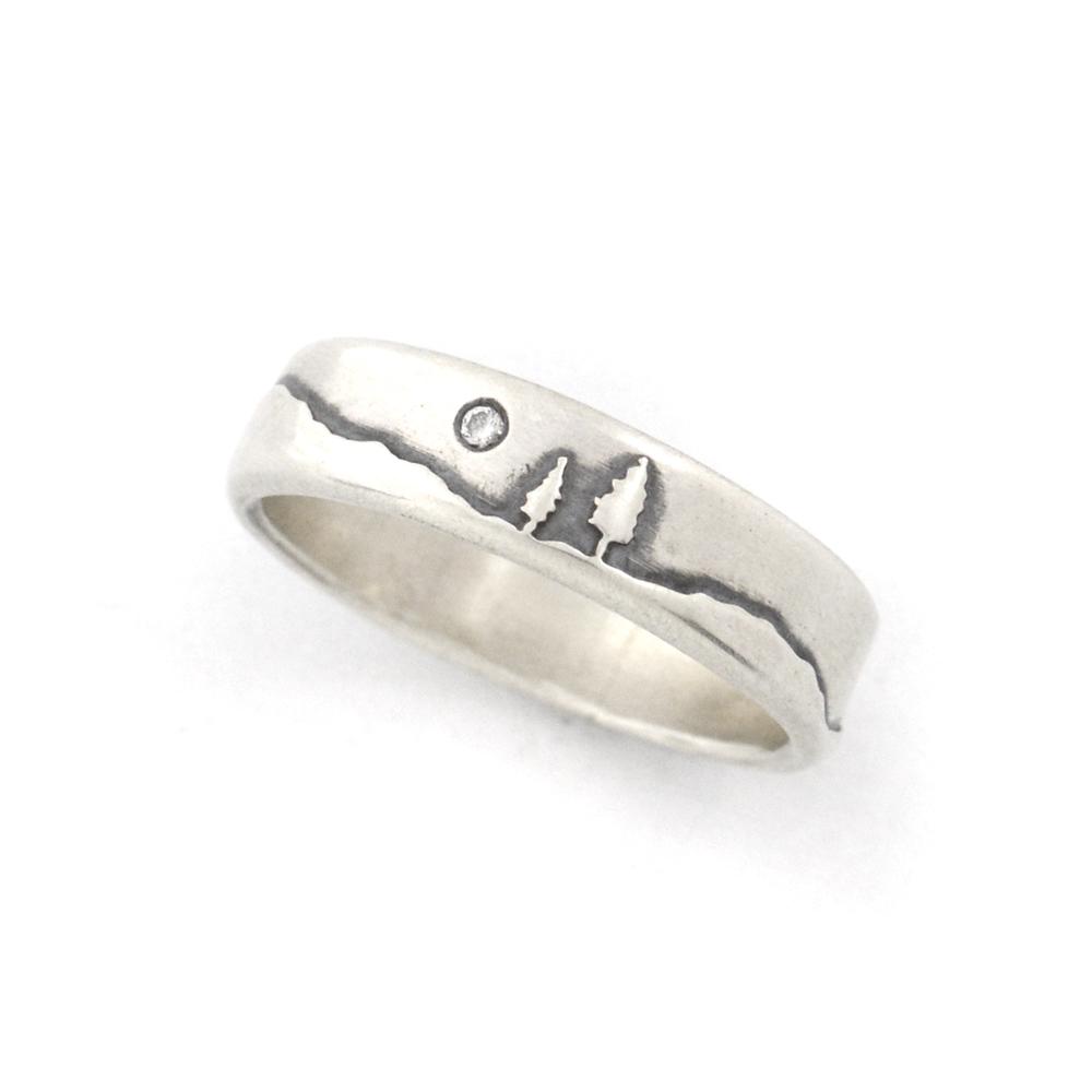 Silver Diamond Moon Pines Ring - Wedding Ring 8mm / Select Size 8mm / 4 3488 - handmade by Beth Millner Jewelry