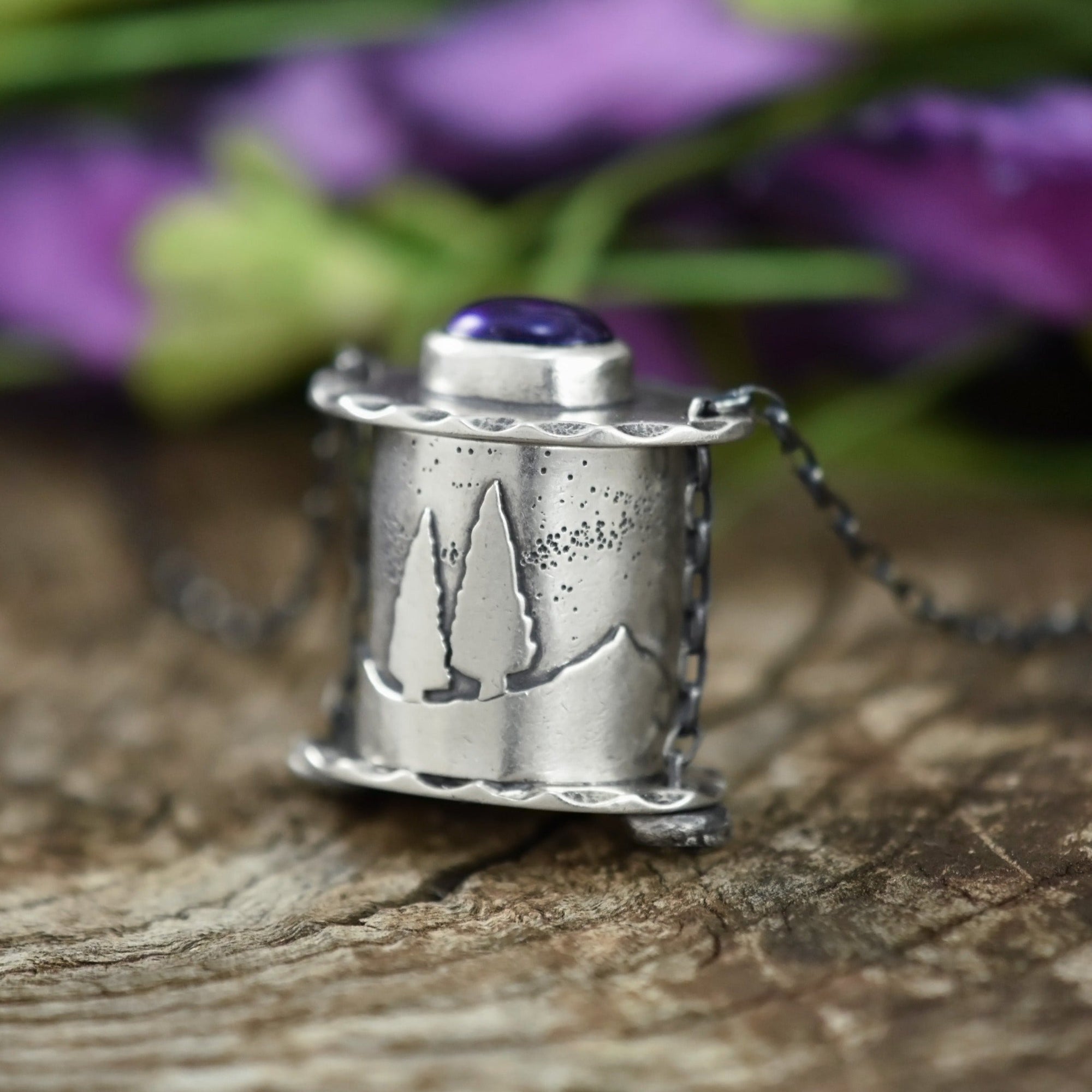 Evening Lovebirds Amethyst Locket Pendant - Silver Pendant   6830 - handmade by Beth Millner Jewelry