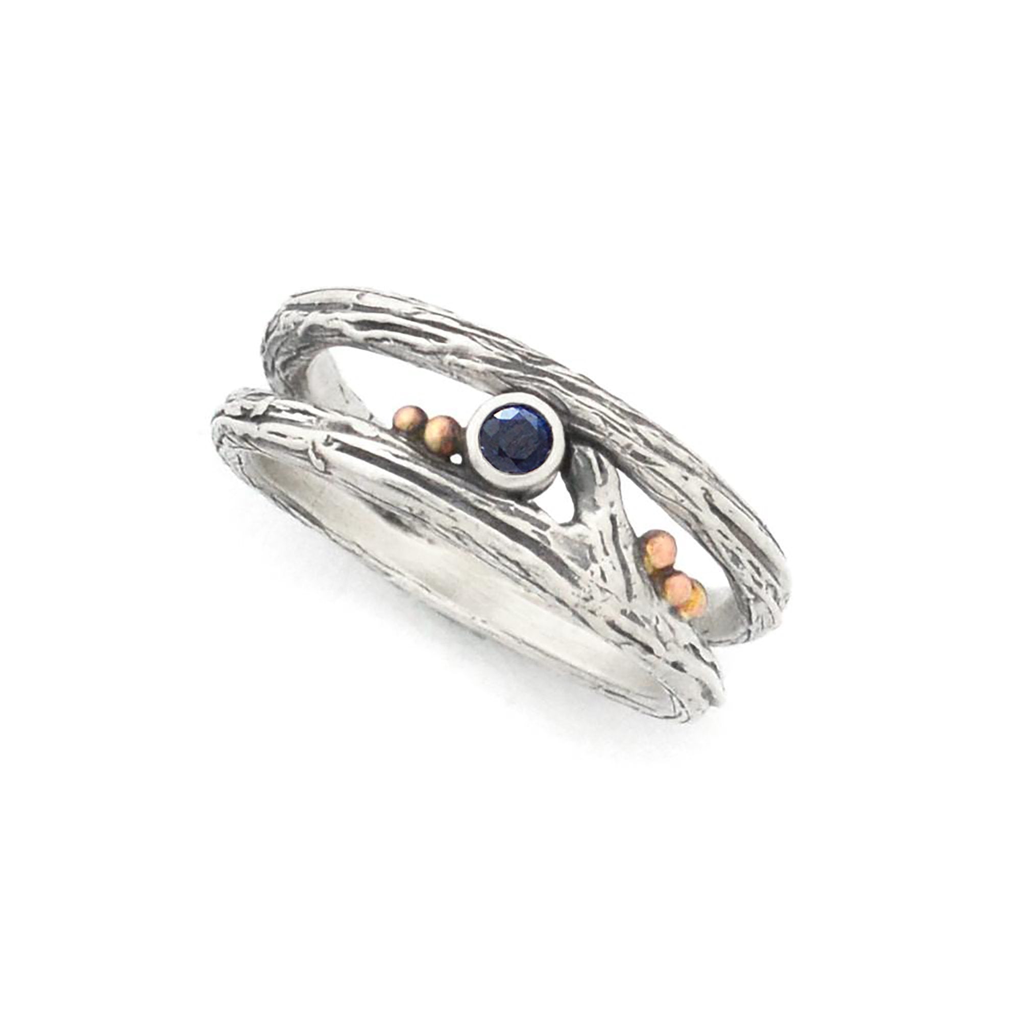 Silver Frosted Diamond and Roses Twig Ring - your choice of stone - Wedding Ring Recycled Diamond Blue Sapphire 3617 - handmade by Beth Millner Jewelry