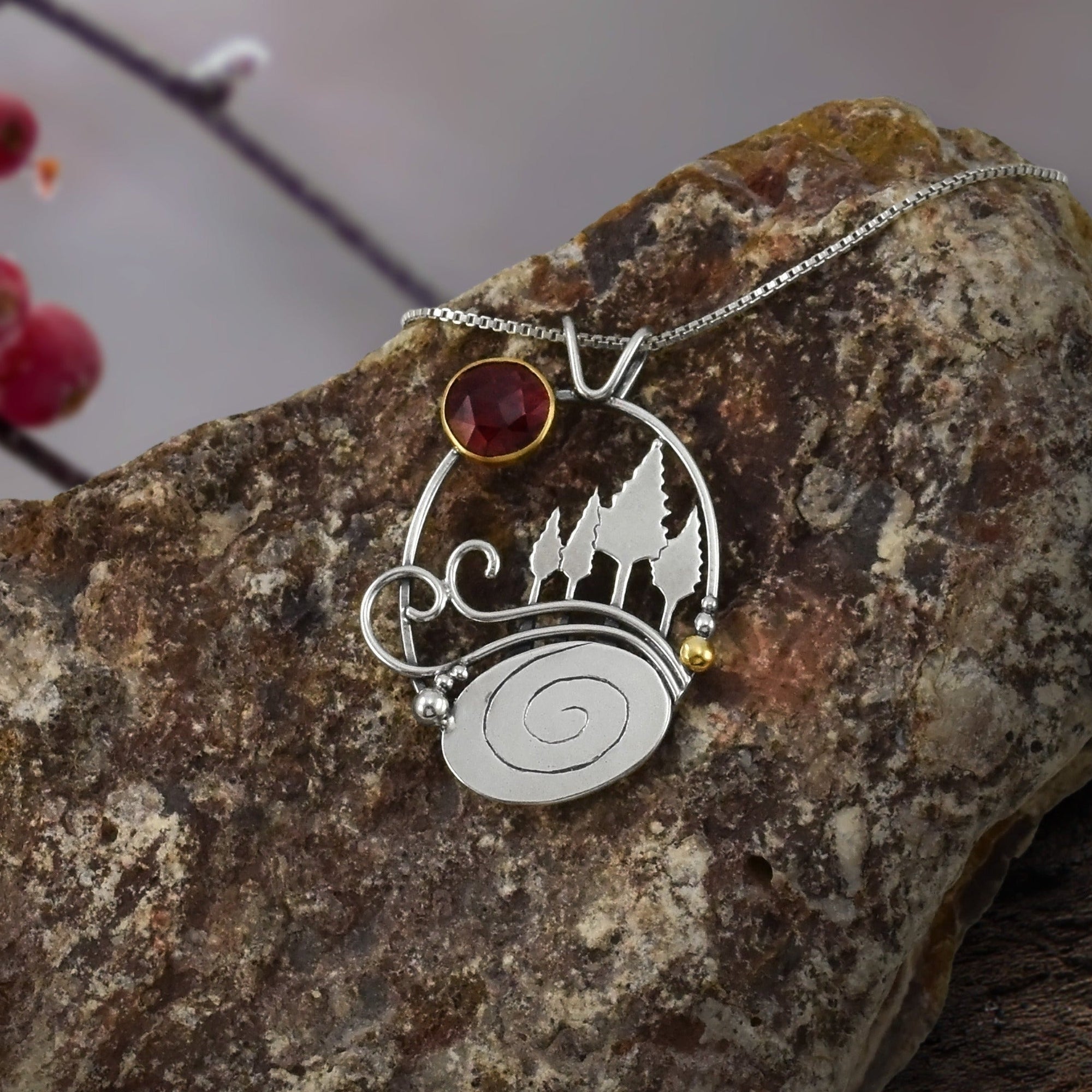 Garnet Swirling Winds Wonderland Pendant No. 1 - Mixed Metal Pendant   6783 - handmade by Beth Millner Jewelry