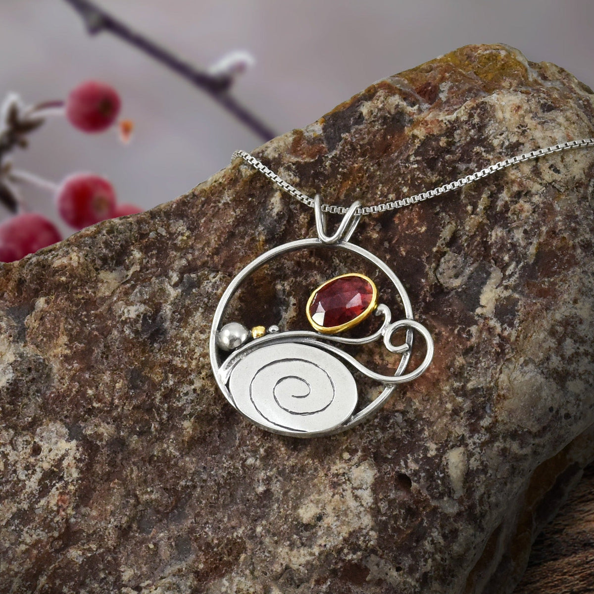 Garnet Swirling Winds Wonderland Pendant - Mixed Metal Pendant   6782 - handmade by Beth Millner Jewelry