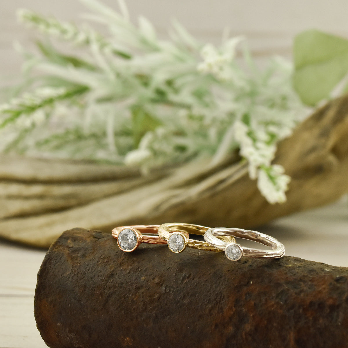 Gold Diamond Twig Ring - your choice of 5mm stone & gold - Wedding Ring  Recycled Diamond / 18K Palladium White Gold  Recycled Diamond / 14K Rose Gold 6218 - handmade by Beth Millner Jewelry