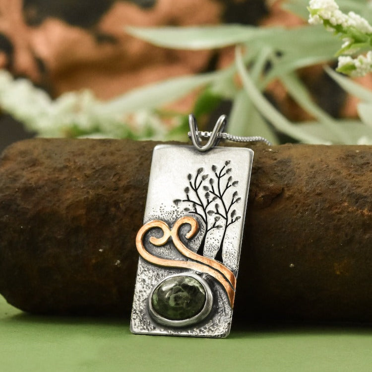 Reversible Greenstone Tree Couple Windy Wonderland Pendant No.3 - Mixed Metal Pendant   6561 - handmade by Beth Millner Jewelry
