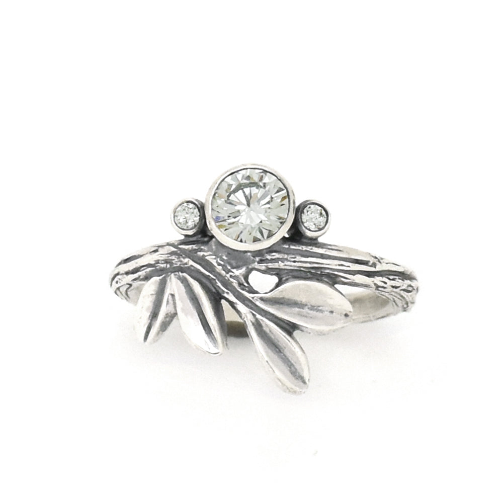 Silver Growing Love Diamond Twig Ring - your choice of 5mm stone - Wedding Ring Moissanite Recycled Diamond 6169 - handmade by Beth Millner Jewelry