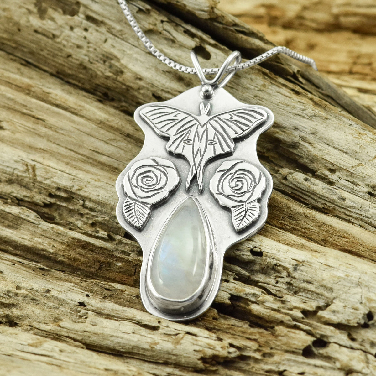 Moonstone Luna Moth Wonderland Pendant - Silver Pendant   6941 - handmade by Beth Millner Jewelry