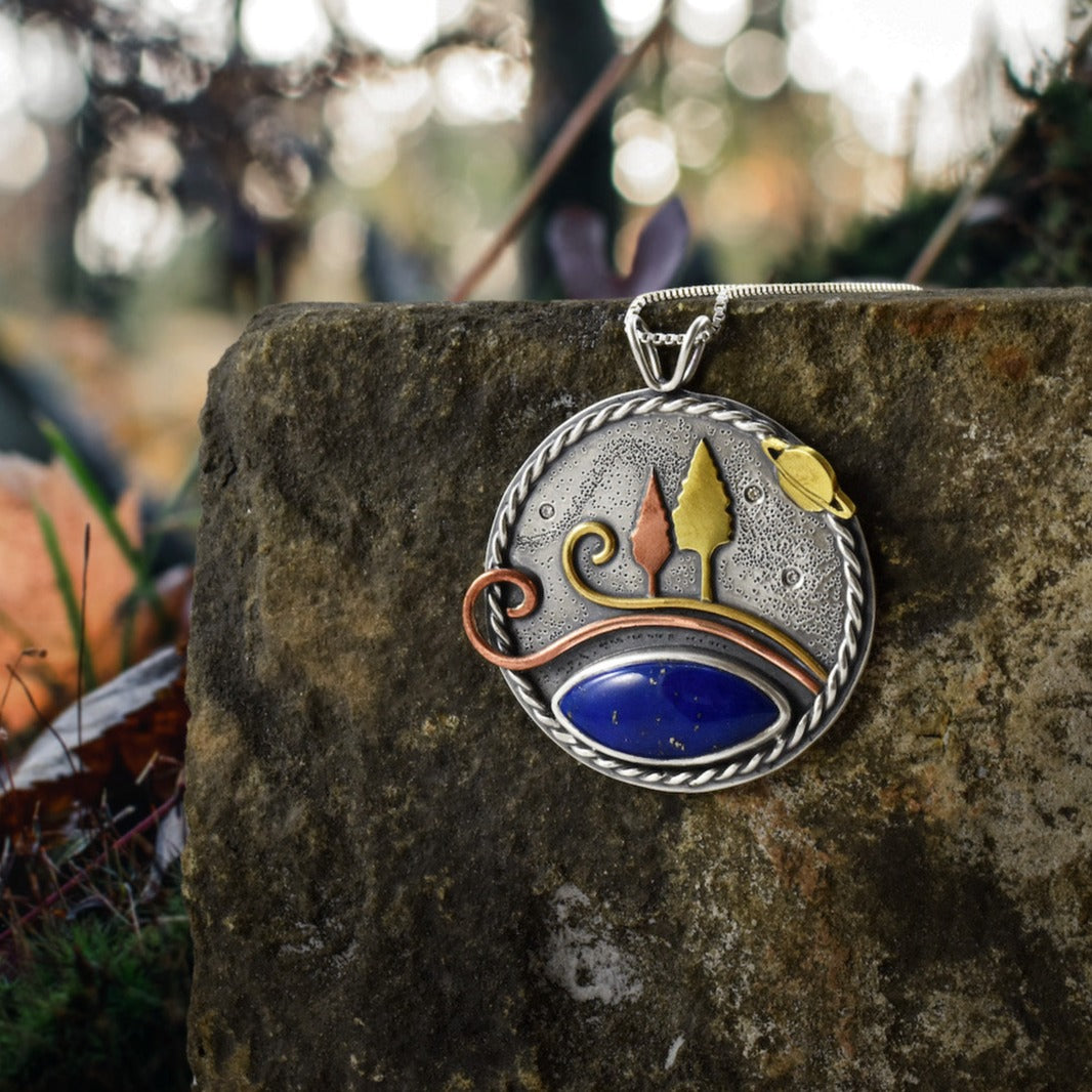 Reversible Cosmic Tree Couple Lapis Wonderland Pendant No. 1 - Mixed Metal Pendant   6441 - handmade by Beth Millner Jewelry