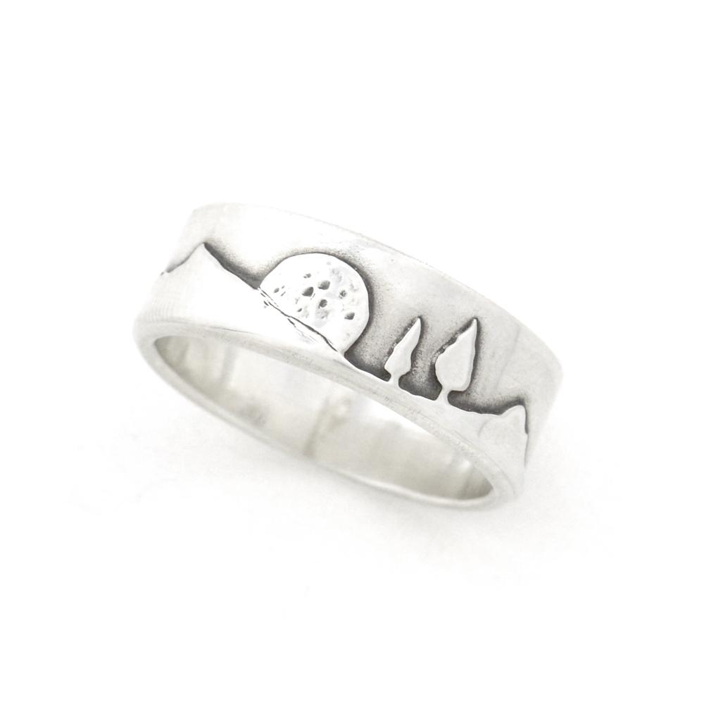 Silver Rising Moon Mountain Pines Ring - Wedding Ring 8mm / 4 8mm / 4.25 1259 - handmade by Beth Millner Jewelry