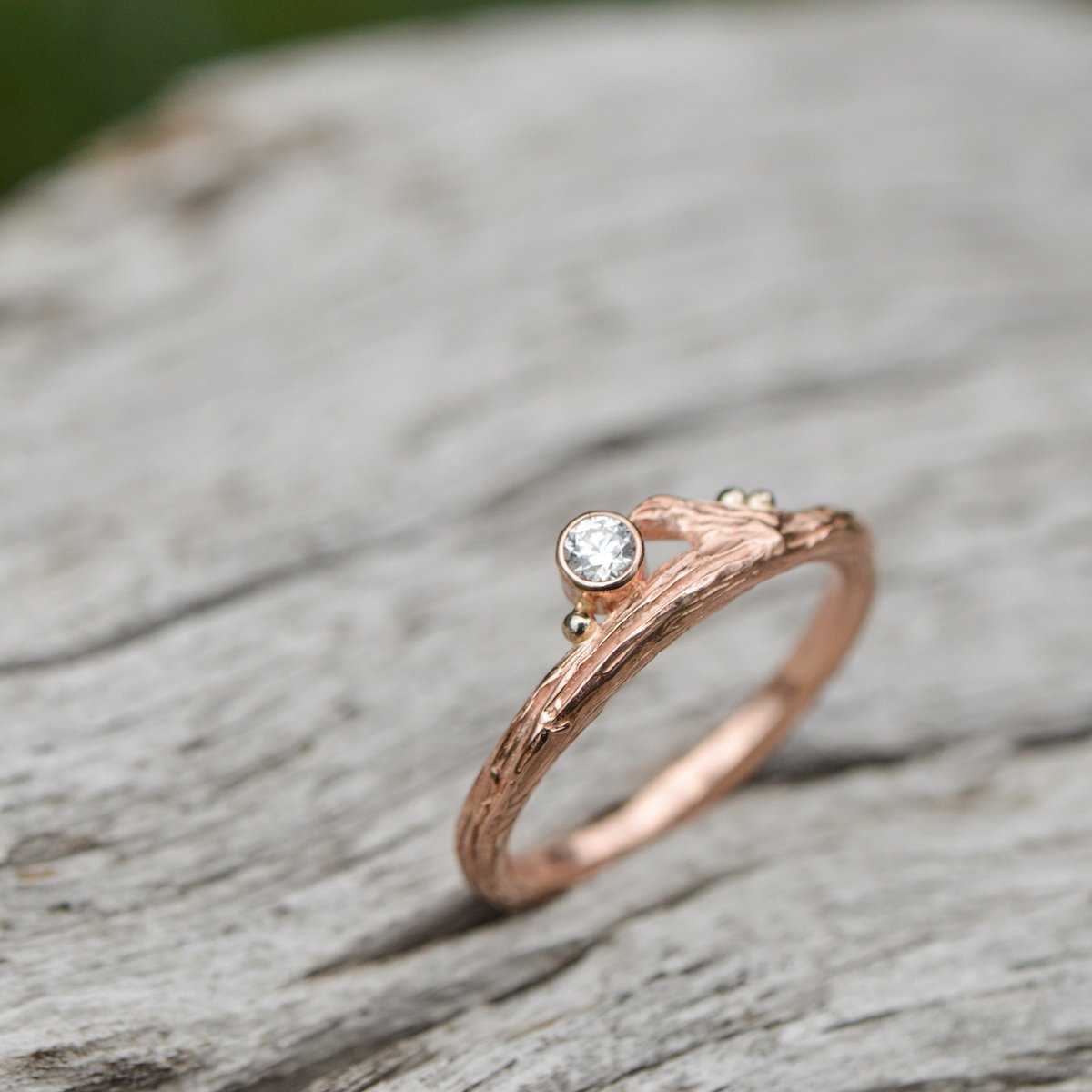 Rose Gold Diamond & Roses Twig Ring - your choice of stone - Wedding Ring  Select Size / Recycled Diamond  4 / Recycled Diamond 3714 - handmade by Beth Millner Jewelry