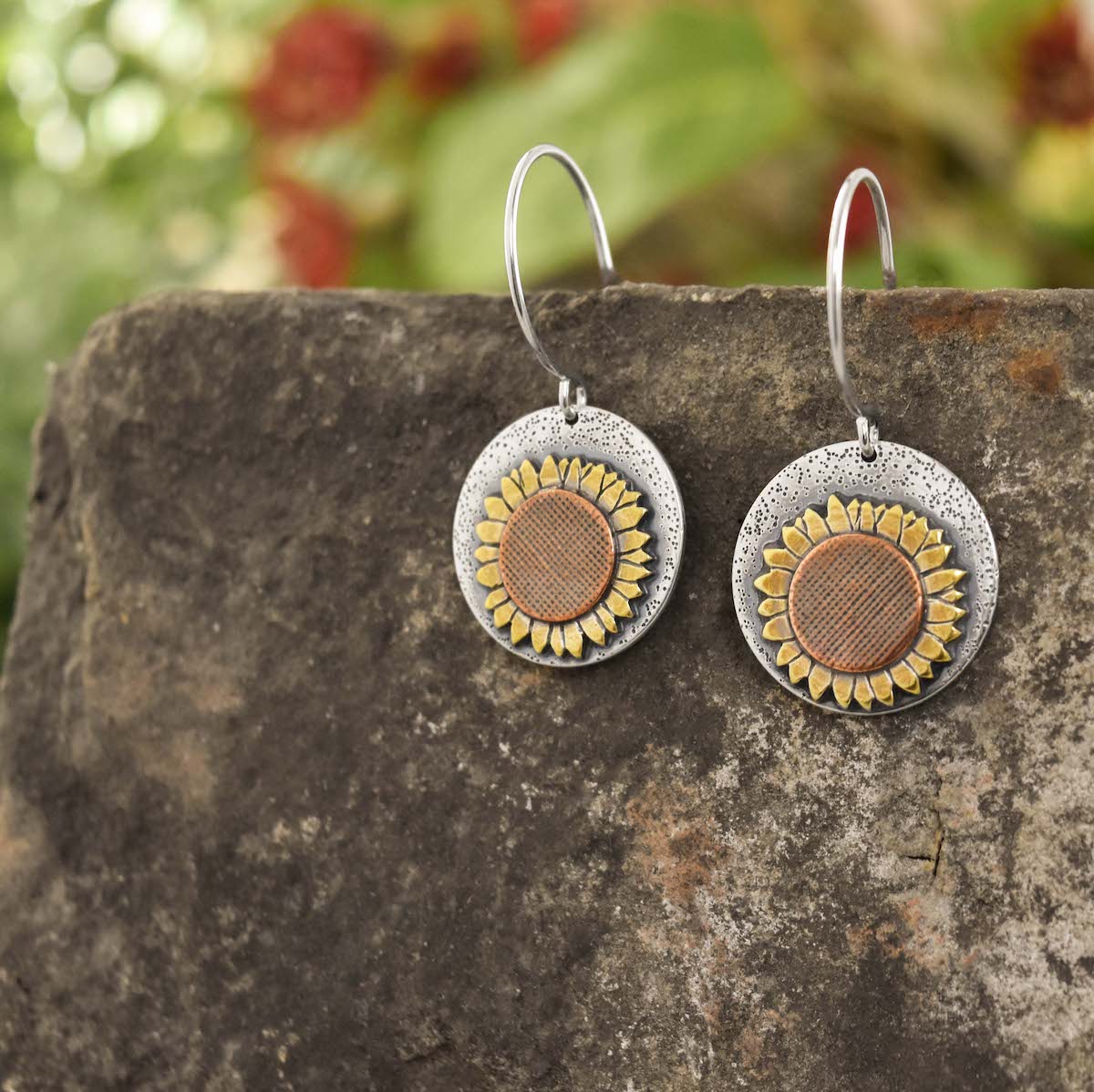 Sunflower Earrings - Mixed Metal Earrings   5639 - handmade by Beth Millner Jewelry