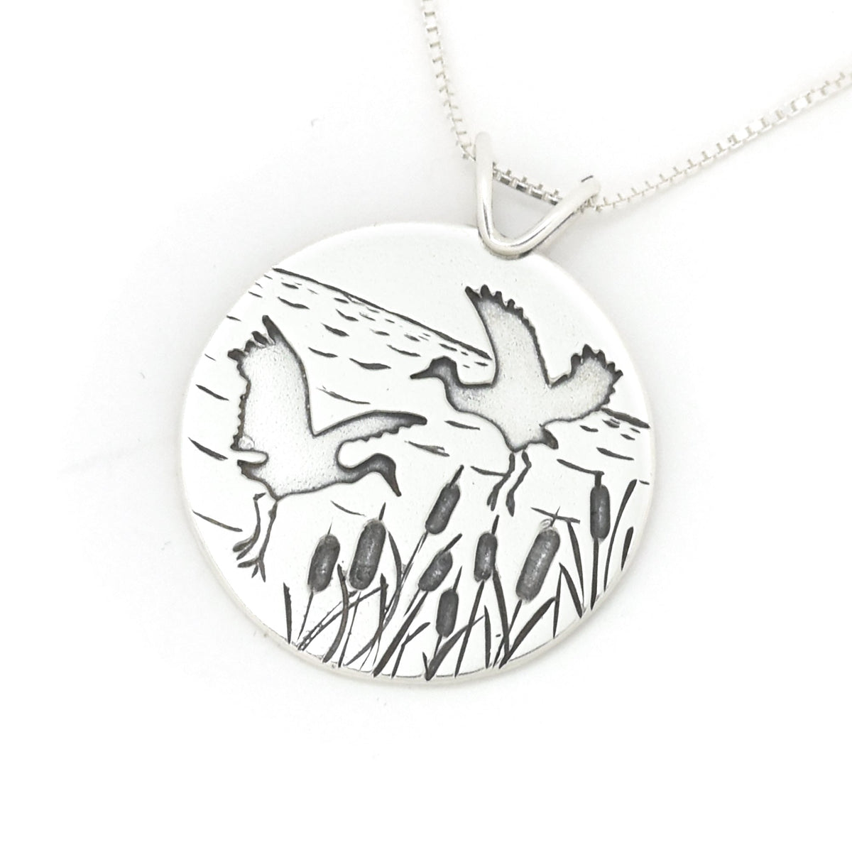 Teal Lake Crane Couple Pendant - Silver Pendant   6883 - handmade by Beth Millner Jewelry