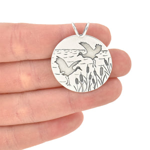 Teal Lake Crane Couple Pendant - Silver Pendant   6883 - handmade by Beth Millner Jewelry