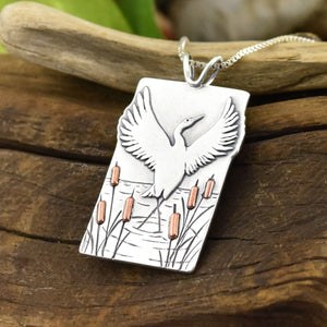 Teal Lake Dancing Crane and Cattails Pendant - Mixed Metal Pendant   6873 - handmade by Beth Millner Jewelry