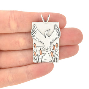 Teal Lake Dancing Crane and Cattails Pendant - Mixed Metal Pendant   6873 - handmade by Beth Millner Jewelry
