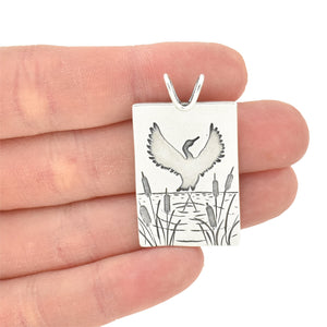 Teal Lake Dancing Crane Silhouette Pendant - Silver Pendant   6872 - handmade by Beth Millner Jewelry