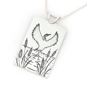 Teal Lake Dancing Crane Silhouette Pendant - Silver Pendant   6872 - handmade by Beth Millner Jewelry