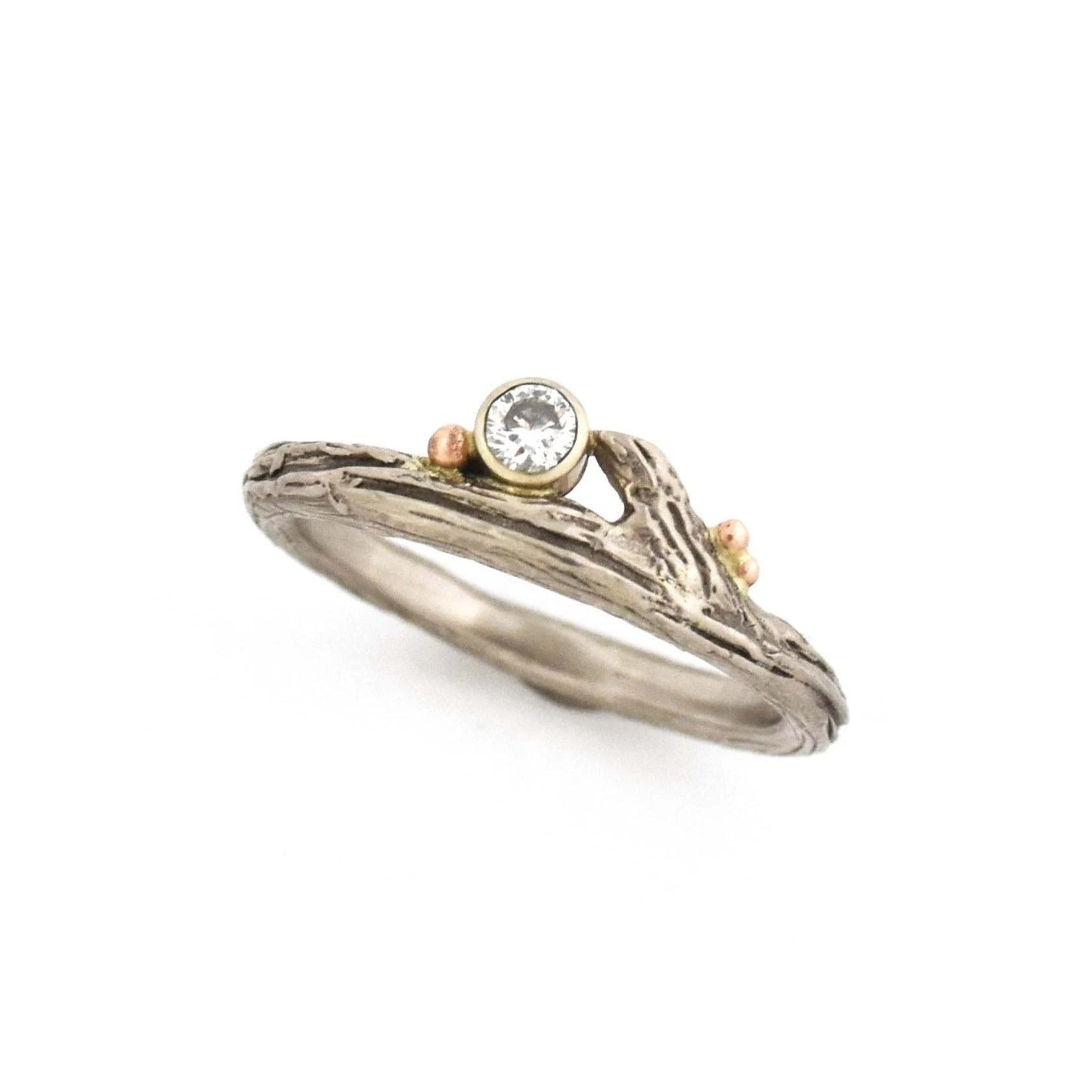 White Gold Diamond & Roses Twig Ring - your choice of stone - Wedding Ring  Select Size / Recycled Diamond  4 / Recycled Diamond 3713 - handmade by Beth Millner Jewelry